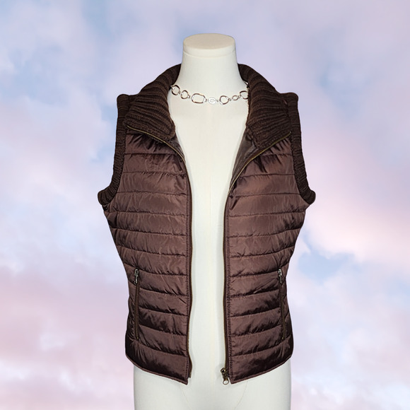 Vtg BBs Closet Y2k Brown White Knit Wool Blend Bird Snow Winter Puffer Vest Sz L - Picture 3 of 6